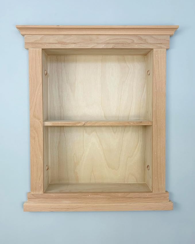 Fox Hollow Furnishings 14x18 Elliot Craftsman Recessed Wood Wall Niche, Open Medicine Cabinet Replacement, in The Wall Bathroom Cabinet Insert Shelves, Made in North America, NO MDF, Plain, Unfinished