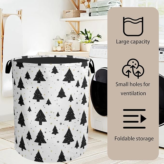 Pine Tree Stars Foldable Canvas Laundry Basket with Handles - Toy Organizer, Heavy Duty for Home,Bedroom, Dorm, Bathroom