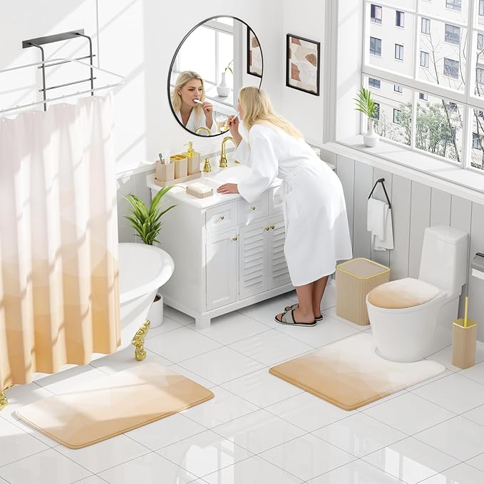 XLHOMO Bathroom Accessory Set - 26PC Bathroom Shower Curtain and Rug Set, Bathroom Accessories Set, Beige Bathroom Set with Trash Can, Toilet Brush, Qtip Holder & Soap Dispenser