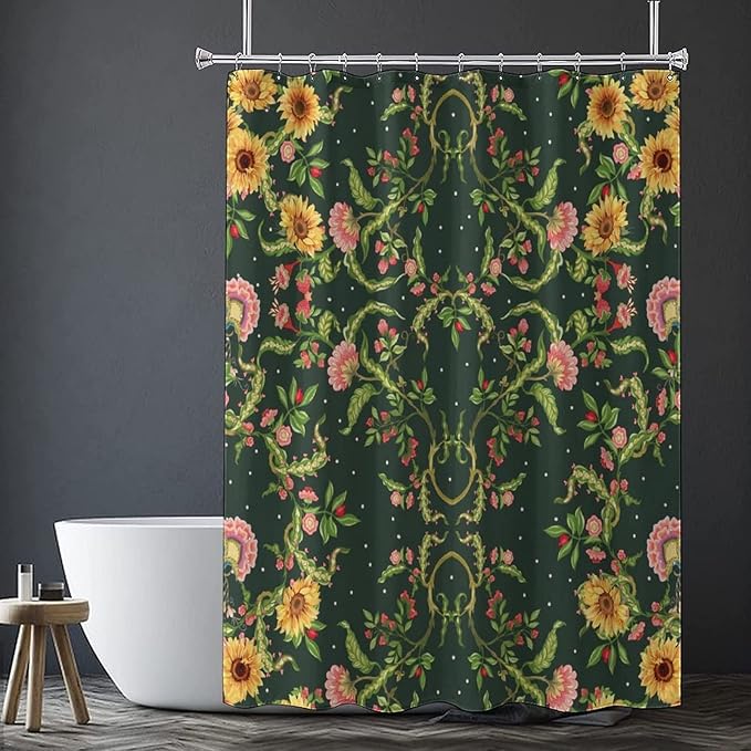Modern Abstract William Morris Art Fabric Shower Curtain,Fantasy Galaxy Boho Floral Sunflower Hotel Quality,Machine Washable,72L x72W for Bathroom.