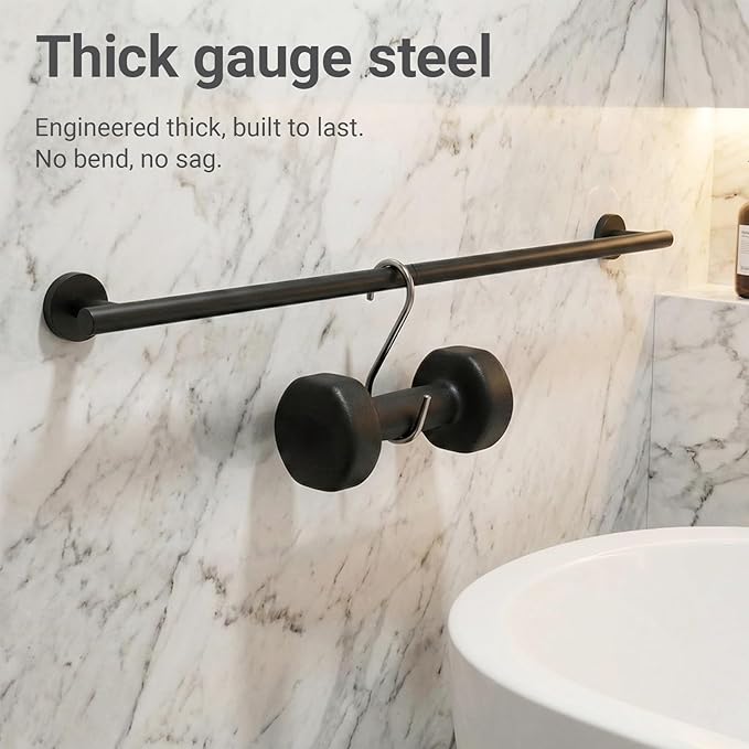 24 Inch Usable Towel Bar, 5-Piece Matte Black Bathroom Accessories, SUS304 Stainless Steel Towel Ring Holder, Toilet Paper Holder with 2 Hooks, Wall Mounted Modern Bathroom Hardware Set