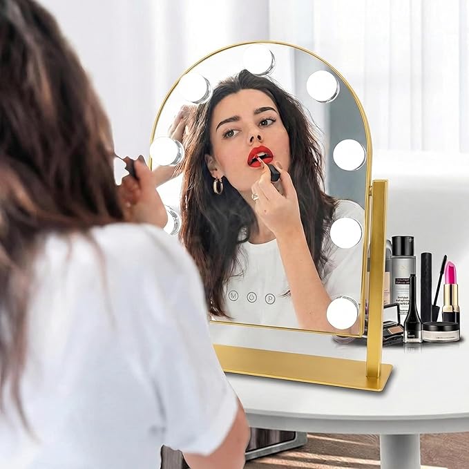 Arched Makeup Vanity Mirror with Lights LED Makeup Mirror Detachable 10X Magnification, Hollywood Make Up Mirror with Lighting, Smart Touch, Rechargeable,360° Rotation, Gold 14.17"x 11.81"