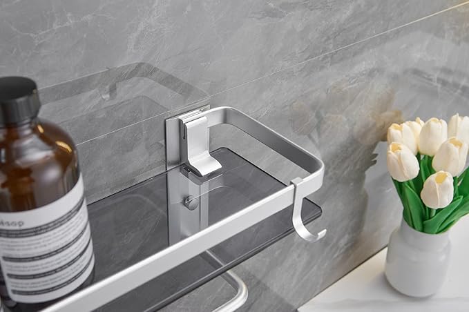 VOLPONE Glass Bathroom Shelf 15.7 in Bathroom Wall Shelf with Towel Holder Tempered Glass Shelf Wall Mount with 2 Removable Hooks Silver(1 Tier)