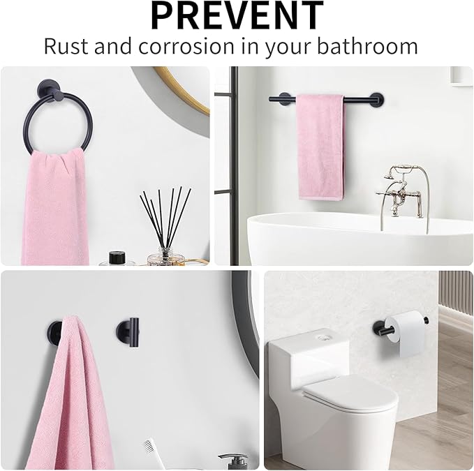 10 Piece Matte Black Bathroom Hardware Set -Include23.6&12inch Bathroom Towel bar,Towel Ring,Toilet Paper Holder, Towel Hook,2 Pack 5 Piece Bathroom Accessories Set Stainless Steel Wall Mounted