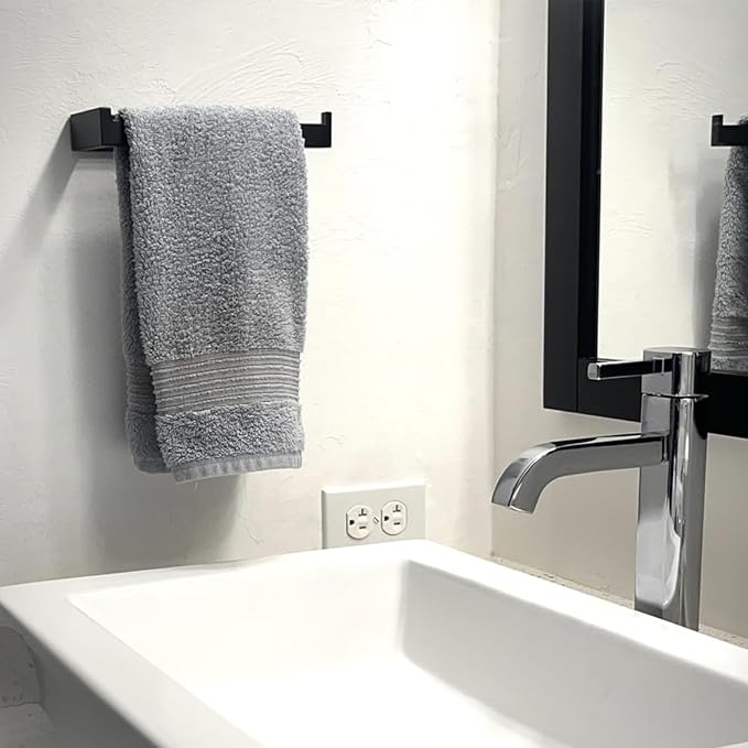 Gypie Hand Towel Holder for Bathroom Wall 2 Pack -Modern Towel Ring Square Hidden Mount with Dual Screws, Anti-Slip End, Stainless Steel, Matte Black