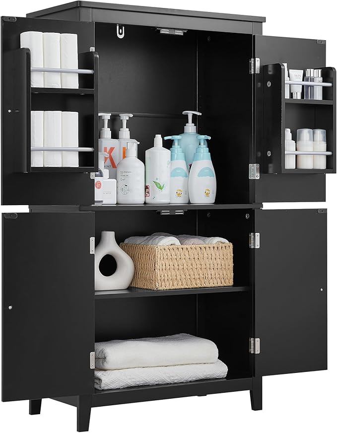 Black Bathroom Storage Cabinet Freestanding Design with 4 Doors Adjustable Shelves Waterproof MDF Board for Home Organization Bathroom Office Use