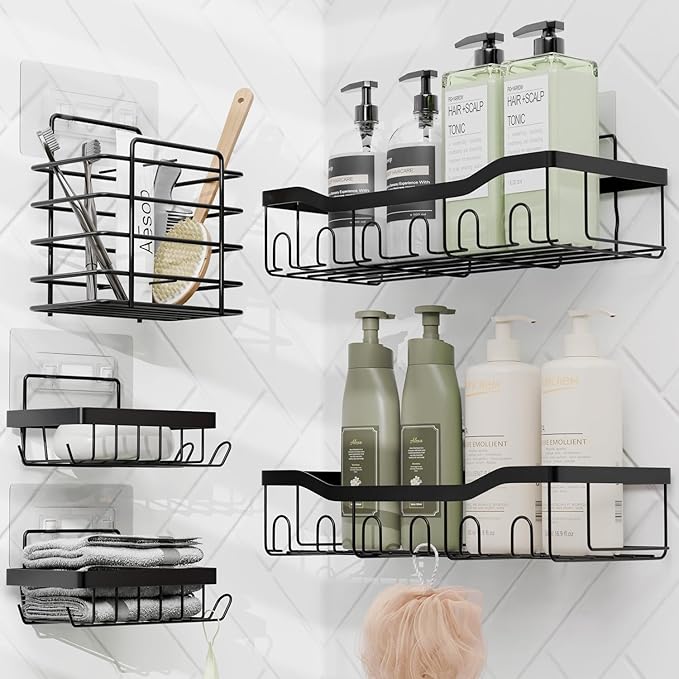 Clara Clark Bathroom Accessories Set - 28PC Bathroom Set with Adhesive Corner Shower Caddy Hanging, Bathroom Sets with Shower Curtain and Rugs, Black Shower Curtain Set with Bathroom Trash Can