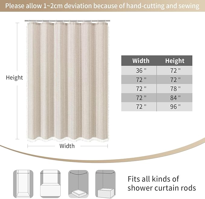 MitoVilla Beige Boho Small Stall Fabric Shower Curtain 36 x 72, Cream Half Size Narrow Polyester Linen Tassel Cloth Shower Curtains for Chic Modern Farmhouse Country Bathroom Decor