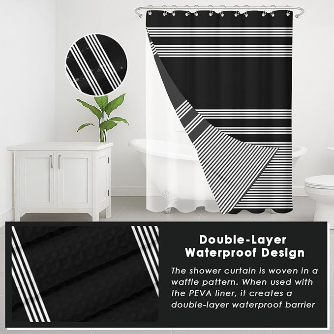 Britimes Black Stripes Bathroom Sets with Shower Curtain and Rugs, Minimalist Striped Modern Waterproof Shower Curtain Liner and Soft Non Slip Bath Mat for Bathroom Decor and Accessories Hooks