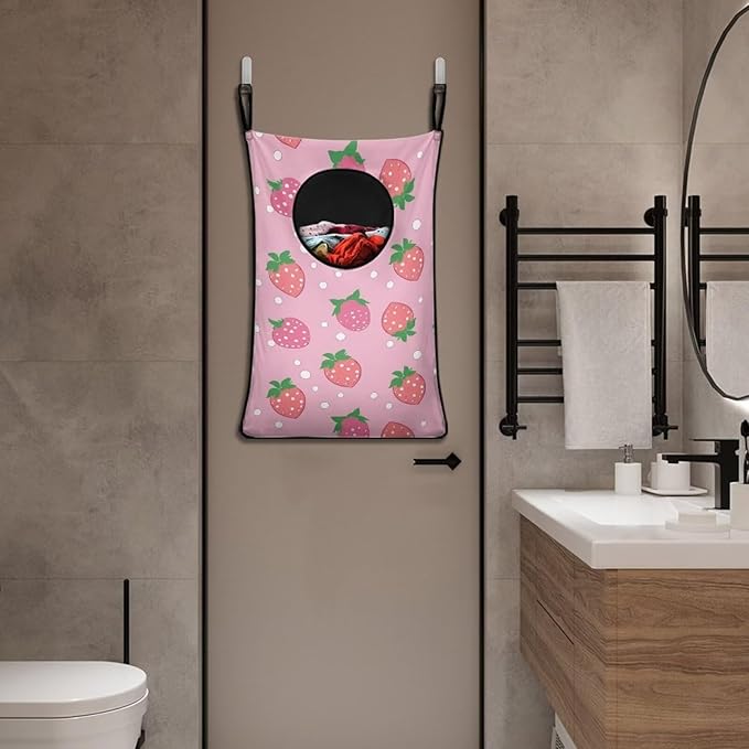 ZOUTAIRONG Cute Strawberry Hanging Laundry Hamper Laundry Baskets Dirty Hamper for Clothes Pink Nursery Organizers Washable Hampers Room Decor Bedroom Hamper Bag Pink Girls