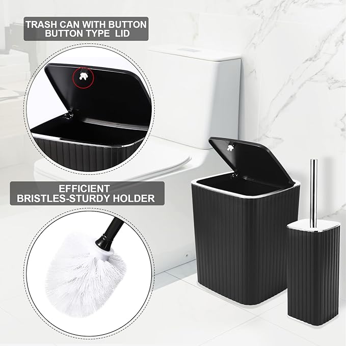 XLHOMO Bathroom Set with Shower Curtain and Rugs- 25PC Bathroom Accessory Set, Black Bathroom Set, Toilet Brush, Trash Can, Qtip Holder & Soap Dispenser