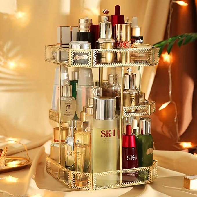 Yamfurvo 360 Degree Rotation Makeup Organizer Antique Countertop Cosmetic Storage Case, Glass Beauty Display, Gold Spin Large Capacity Holder for Brushes Lipsticks Skincare Toner
