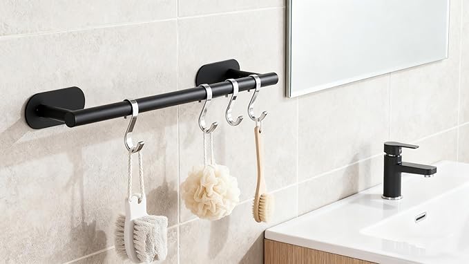 SEIDO Adhesive Towel Bar for Bathroom, 304 Stainless Steel Towel Holder Wall Mount, 16 Inch Towel Racks for Bathroom, No Drilling Needed, Matte Black