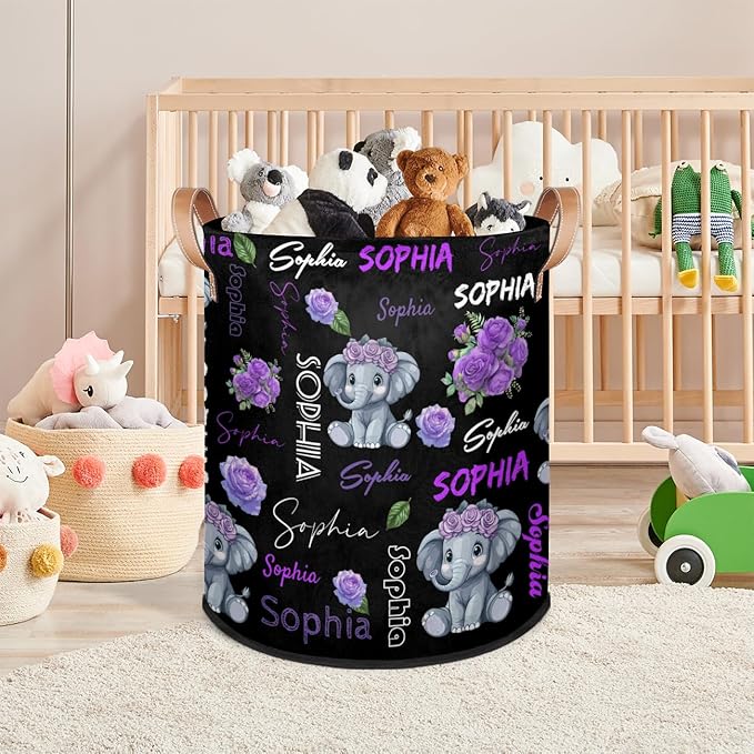 Custom Elephant Laundry Hamper, Personalized Laundry Baskets with Handles Dirty Clothes Hamper Storage Basket