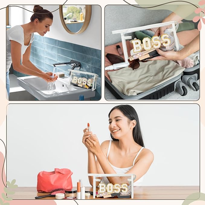 CY2SIDE BOSS Clear Makeup Bag - White BOSS Letter Patch Cosmetic Bag Best Gift for Sister PVC Zipper Clear Travel Pouch with handle for Toiletries Waterproof Portable Travel Organizer for Women Girl