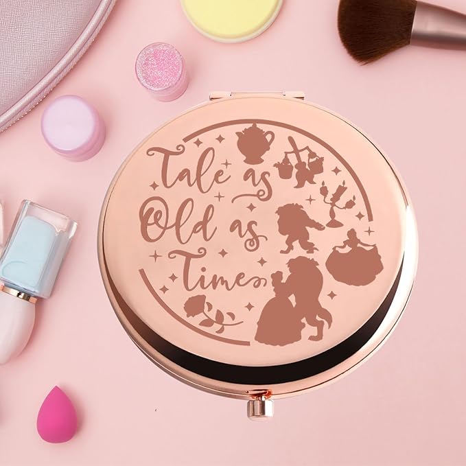 KEYCHIN Princess Beauty Pocket Mirror Princess Rose Gifts Tale As Old As Time Compact Makeup Mirror Fairytale Movie Merch (Tale As Old-RG)