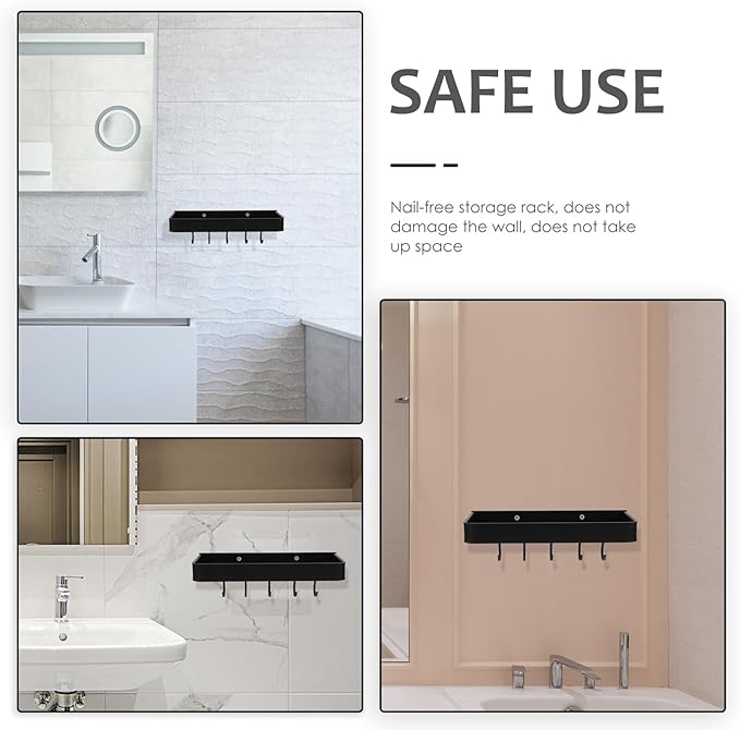 Sewroro Wall-Mounted Bathroom Shelf with Hooks, 30cm Black Aluminum Floating Shelf, Convenient Storage Rack for Bathroom Organization and Home Accessory