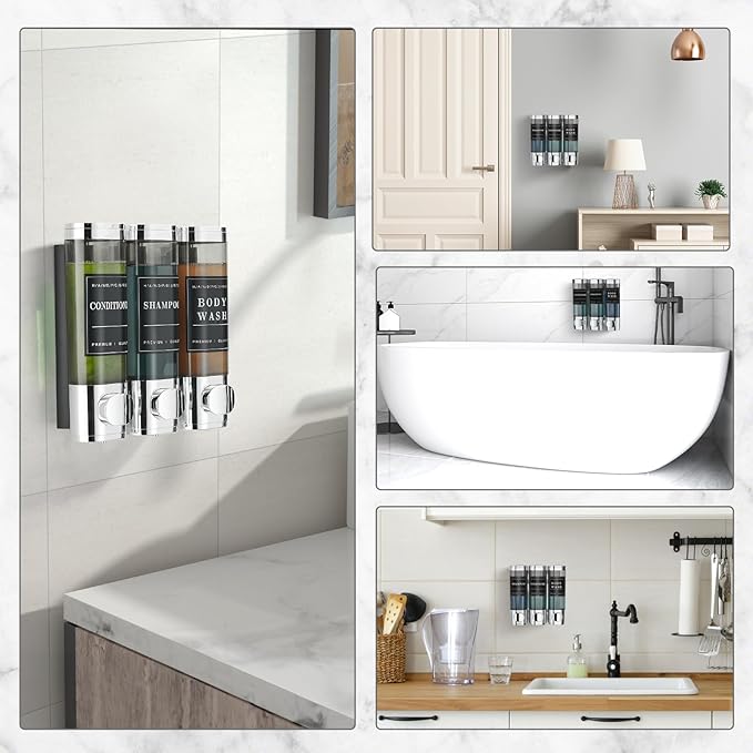 Unisense Shower Soap Dispenser 3 Chamber No Drill Shampoo and Conditioner Dispenser Wall-Mounted Shampoo Dispenser for Shower Wall Mounted Shower Dispenser for Bathroom Hotel Large Capacity,Chrome