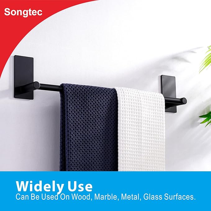 Songtec Adhesive Towel Bar Black 16-Inch, Stick On Bath Towel Rack No Drill, Strong Adhesion Tape Mount Towel Holder, Stainless Steel - Black