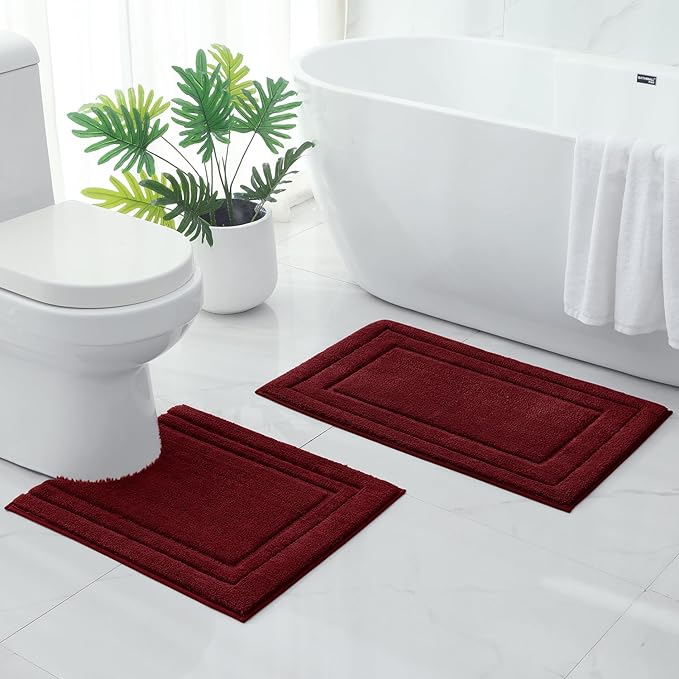 HOMEIDEAS Bathroom Rugs Sets 2 Piece, Super Soft and Absorbent Non Slip Microfiber U-Shaped Toilet Bath Mat Set (20"x32"+U20 x24, Burgundy Red)