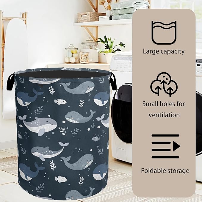 Cute Whale Marine Animals Foldable Canvas Laundry Basket with Handles - Toy Organizer, Heavy Duty for Home,Bedroom, Dorm, Bathroom