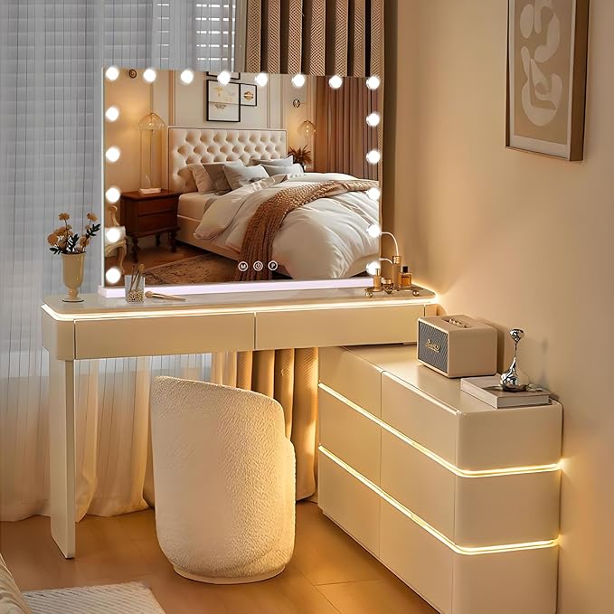 halumao Vanity Mirror with Lights, Large Makeup Mirror with LED Lights, Smart Touch Dimmable 3-Color Light, Memory Function, USB Charging Port