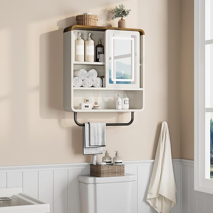 QUW Modern Bathroom Wall Cabinet, Medicine Cabinets with Mirror, Over The Toilet Storage Cabinet for Bathroom, Towel Bar, Sliding Door, 3 Lighting Modes, Adjustable Brightness, Antique White