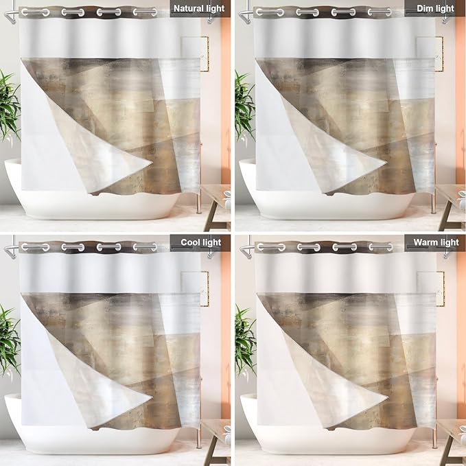 Shrahala Brown Abstract Art No Hooks Shower Curtain with Snap in Liner Set, Beige Painting Bathroom Décor Polyester Fiber Waterproof for Stall Bathtubs 71 X 74 in