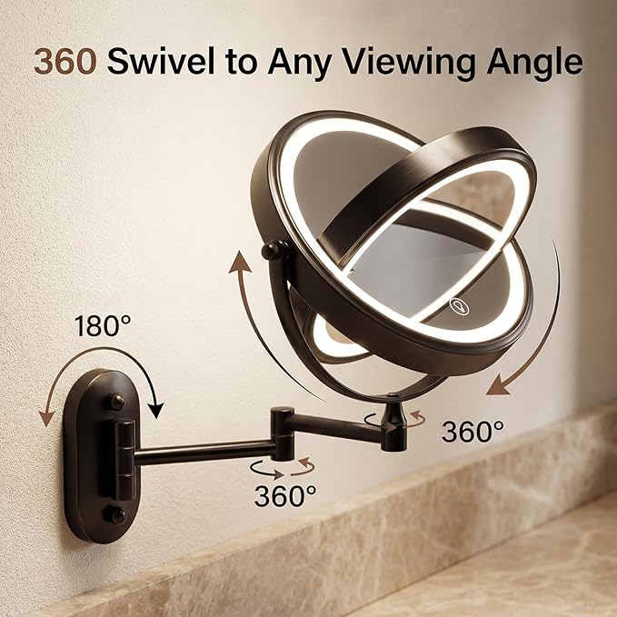 Wall Mounted Lighted Makeup Mirror, 8" Double-Sided 1X/30X, Rechargeable, 3-Color Dimmable Touch, 15.9" Swing Arm, Narrow Base, USB-C Charging, 360° Rotation, Black