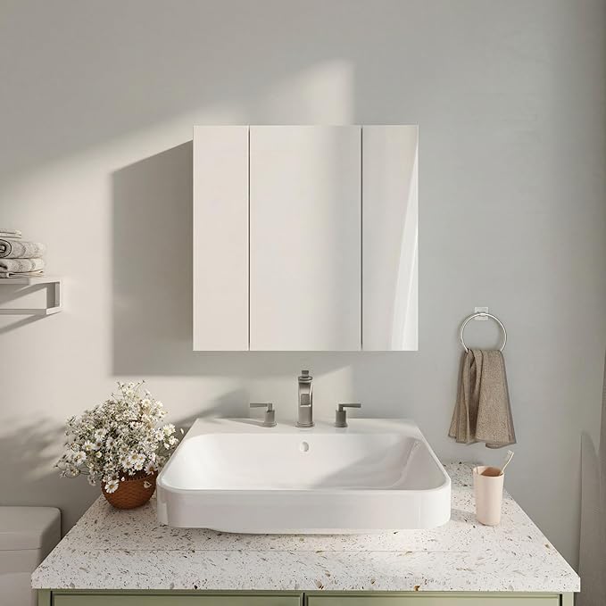 Panana Bathroom Mirror Cabinet Medicine Cabinets with 3 Mirrored Door Wall Mounted Cabinet with Mirror, Storage Shelf with Adjustable Shelves Storage Organizer Kitchen Cupboard (White, 23.6x23.6 inch)