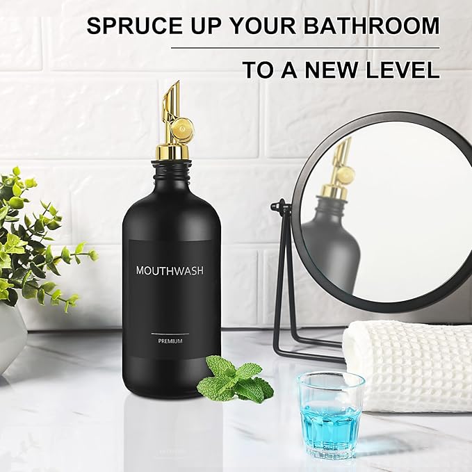 Mouthwash Dispenser for Bathroom, Glass Mouthwash Dispenser with Cup, Mouth Wash Container Bottle with Cup, Refillable Mouthwash Decanter, Matte Black, 1 Pack, 17oz
