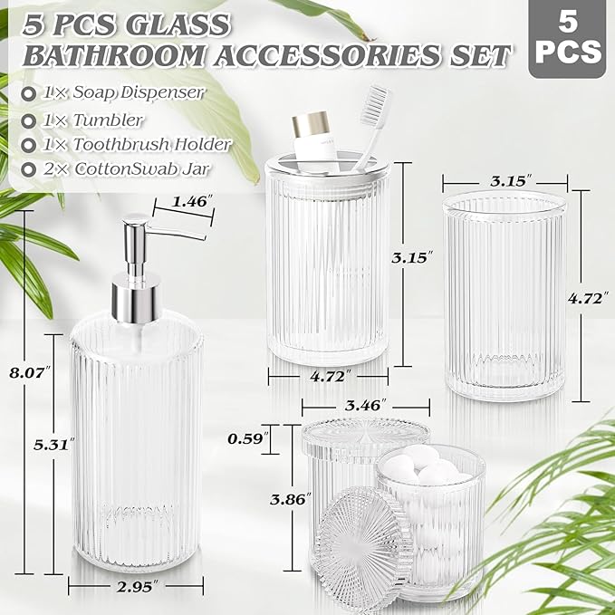 BSSN Glass Bathroom Accessories 5 Pcs, Clear Bathroom Set, Soap Dispenser, Toothbrush Holder Set, Tumber, Qtip Holder Set, Vintage Bathroom Sink Set, Cute Bathroom Decor