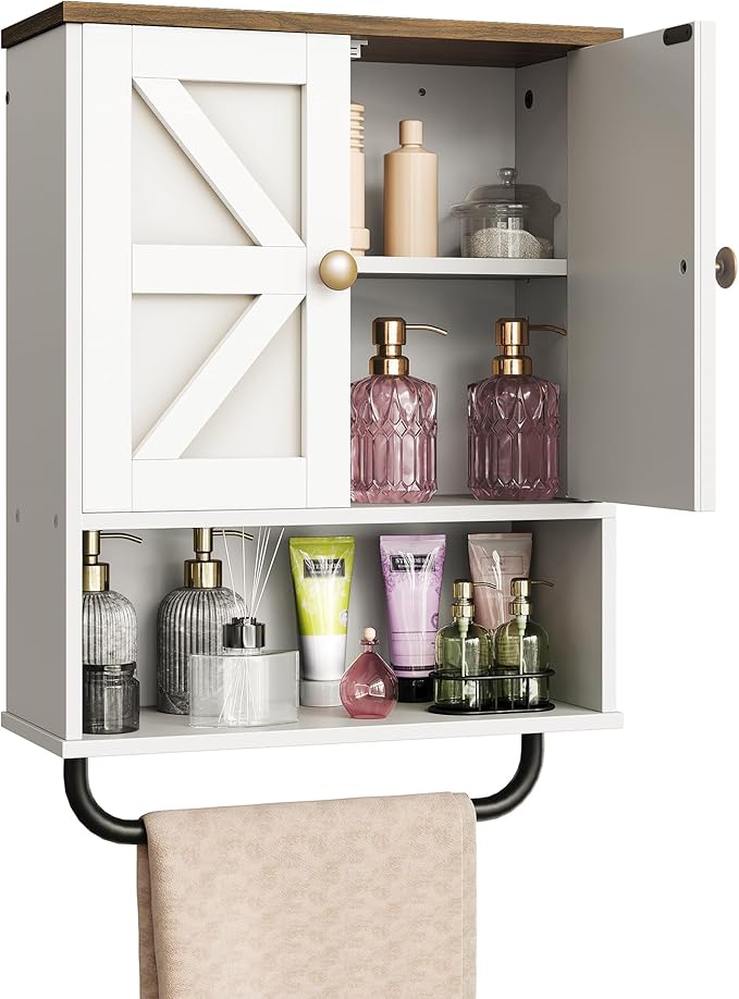 CHOEZON Bathroom Wall Cabinet, Medicine Cabinet with Open Partition and Towel Bar, Rustic Storage Cabinet with Open and Hidden Storage Space, for Bathroom, Living Room, Kitchen, White and Walnut