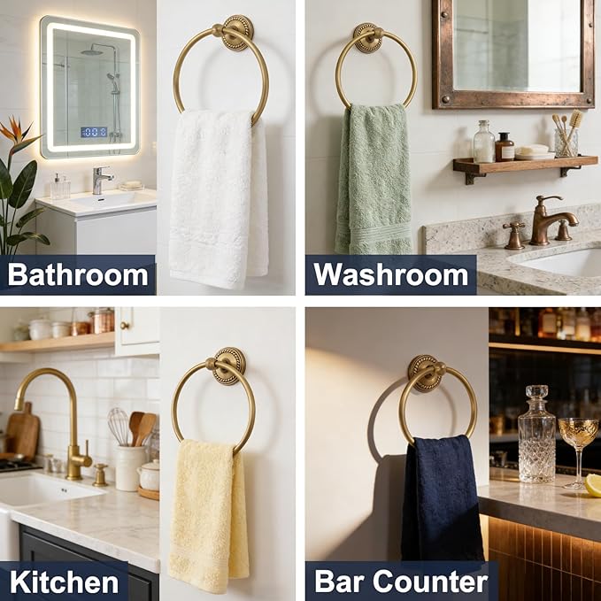 Towel Ring Antique Brass, Towel Holder for Bathroom Wall Mounted, Gold Hand Towel Ring, Round Towel Rack Hanger for Bath, Kitchen