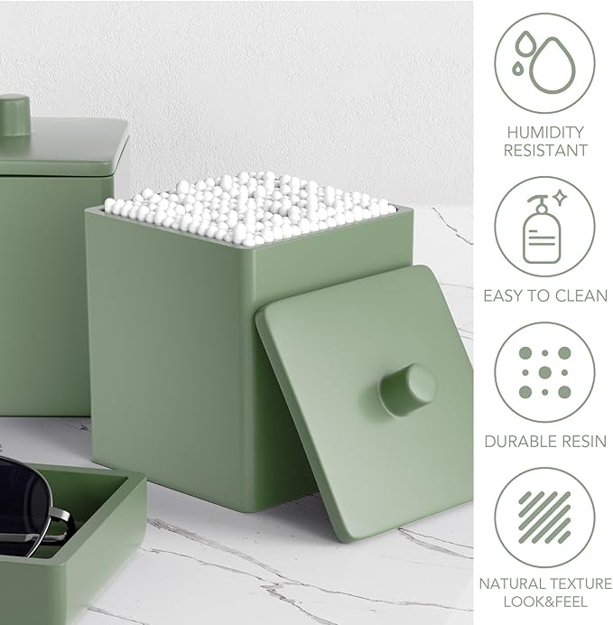 Sage Green Bathroom Accessories Set Resin 6PCS, Square Toothbrush Holders Set Complete with Soap Dispenser, Vanity Tray, Tumbler, Cups and Cotton Swab Jars for Counter, Sink or Small Spaces
