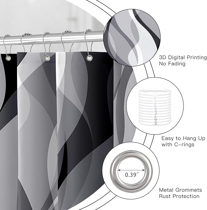 4PCS Grey Abstract Shower Curtain Sets with Rugs, Striped Bathroom Sets with Shower Curtain and Rugs, Modern Bathroom Curtains Shower Set with Toilet Lid Cover for Luxury Bathroom Decor