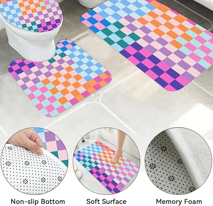4 PCS Checkered Shower Curtain Sets Fun Gingham Bathroom Sets Soft Non Slip Bath Rugs Toilet Cover U-Shaped Mat Retro Bright Waterproof Shower Curtains with 12 Hooks for Tub Toilet, Colorful