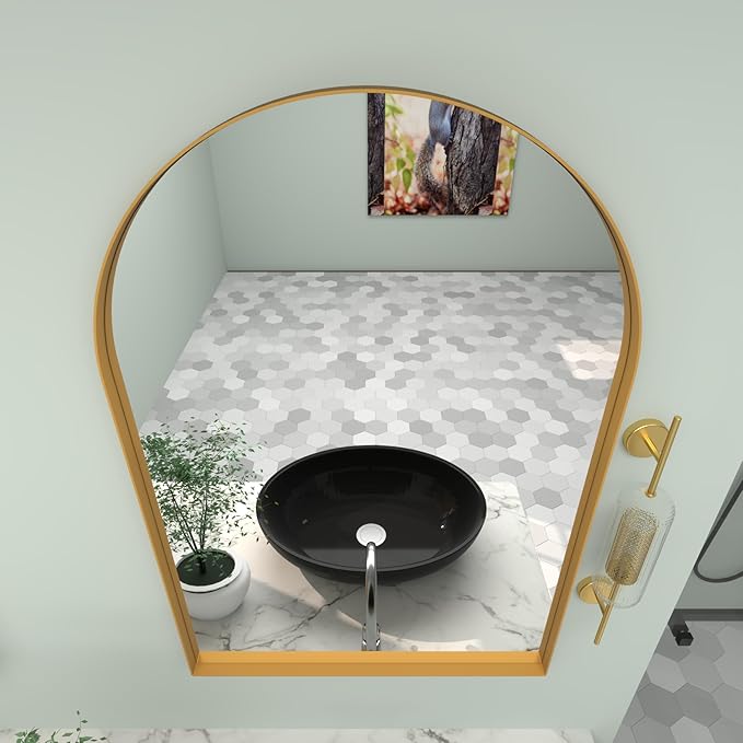 24" WX36 H Farmhouse Framed Medicine Cabinet with Mirror, Matte Gold Finish, Recessed or Surface Mount, Adjustable Shelves, Arched Cabinet Door, Arched Shape, Easy to Install, 24x36 Cabinet
