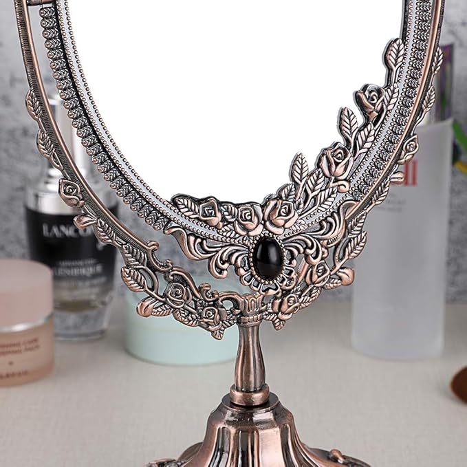 JUXYES Metal Tabletop Antique Decorative Makeup Mirror with Stand, Vintage Swivel Double Sided Cosmetic Mirror with Frame, Retro Desktop Oval Dressing Mirror for Bathroom Bedroom