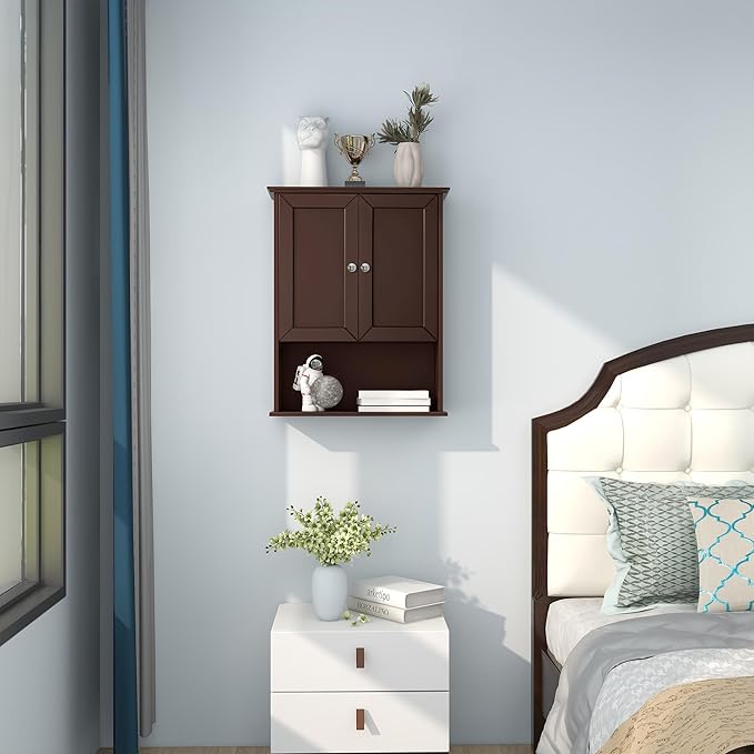 VANIRROR Bathroom Wall Cabinet Expresso Over Toilet Storage - 24x30 in Above Toilet Wood Medicine Cabinet with Adjustable Shelf & 2 Door Mounted Wall Cabinet