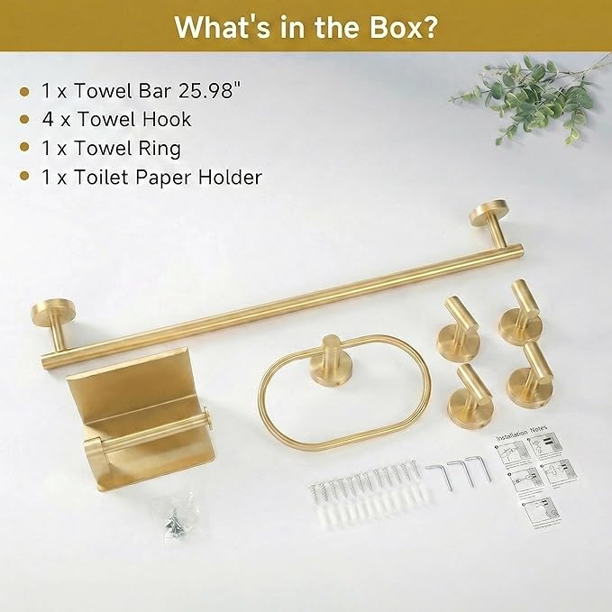 7-Piece Bathroom Hardware Accessories Set SUS304 Stainless Steel Towel Bar Set Wall Mounted 25.9-Inch Towel Rack, Towel Ring, Toilet Paper Holder with Shelf & 4 Hooks, Golden