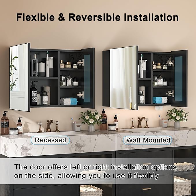 24x32 Inch Bathroom Medicine Cabinet with Mirror, Pre-Assembled Bathroom Medicine Cabinets, Surface/Recessed Wall Mounted Farmhouse Large Medicine Cabinet, Black