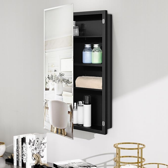 Fundin Black Medicine Cabinet Recessed or Surface Mount, Bathroom Medicine Cabinet with 18 x 30 Beveled Mirror and Adjustable Staggered Shelves, Wall Mount