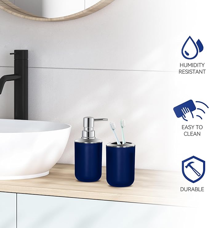 Blue Bathroom Accessories Set 2 PCS, Blue Bathroom Accessories, Plastic Soap Dispenser and Toothbrush Holder Set, Boho Bathroom Decor, Bathroom Set