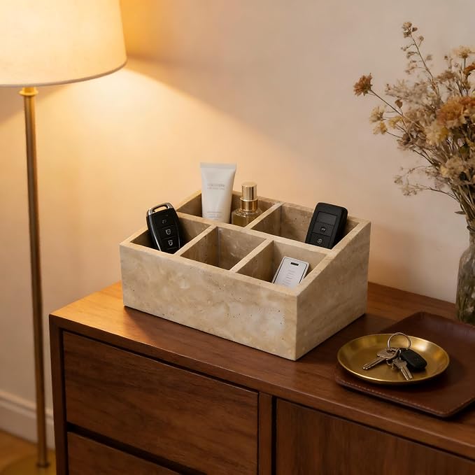 Marble Desk Organizer with 3 Compartments, White and Purple Pattern, Modern Design (Beige-pro)