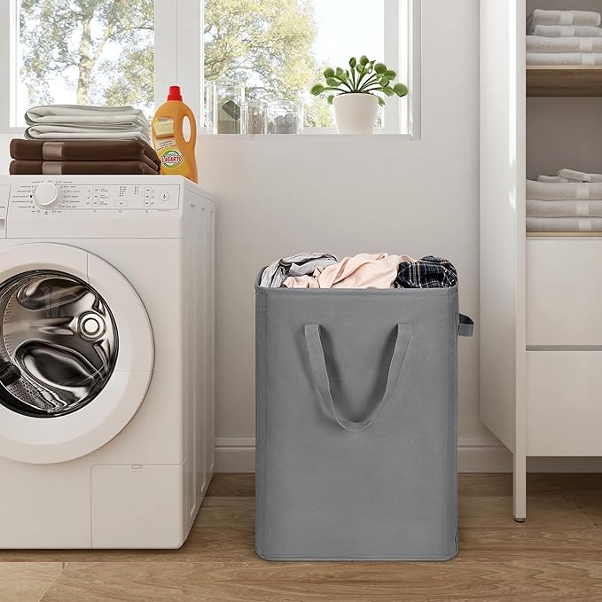 ZERO JET LAG Slim Laundry Hamper With Handles Collapsible Laundry Basket Thin Dirty Clothes Basket Narrow Laundry Bag Foldable Dirty Cloth Hamper 45L (24 inches,Grey)