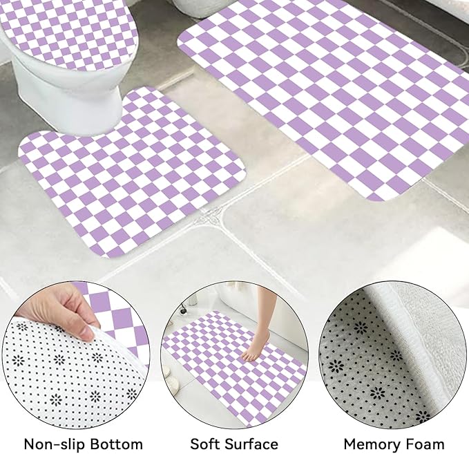 4 PCS Checkered Shower Curtain Sets Fun Gingham Bathroom Sets Soft Non Slip Bath Rugs Toilet Cover U-Shaped Mat Retro Bright Waterproof Shower Curtains with 12 Hooks for Tub Toilet, Purple