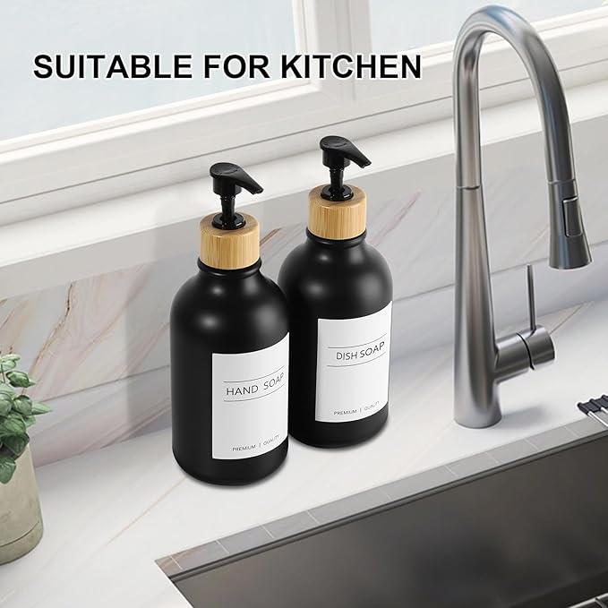 KASUNTING Black Soap Dispenser, 4 Pack Hand Soap Dispenser Bathroom with Bamboo Pump,17 Fl Oz Plastic Hand and Dish Dispenser Set for Kitchen, Refillable Liquid Soap and Lotion Dispensers Bottle