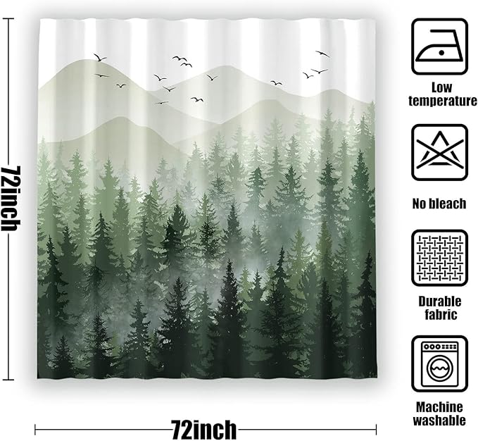 Accnicc Misty Forest Shower Curtain Nature Mountain Pine Tree Woodland Shower Curtains for Bathroom Ombre Sage Green White Waterproof Fabric Modern Bath Curtain Decor 72×72 Inches