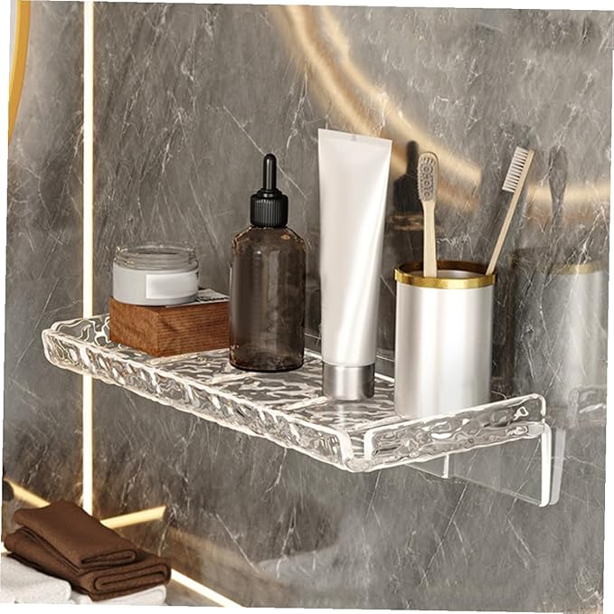 2pcs Floating Wall Shelves Bathroom Storage Rack Transparent Wave Pattern Strong Mounted Organizer for Shampoo Toothbrush and Kitchen Seasoning Holder